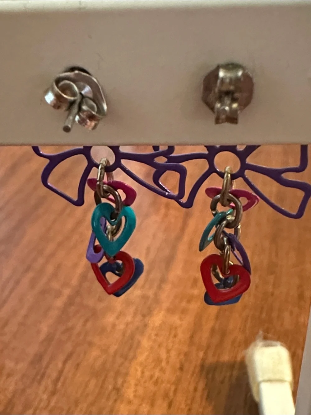 Kids Purple Bow Dangle Post Earrings with Colorful Heart Charms